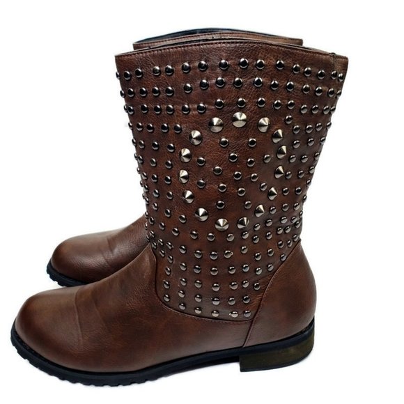 Brown leather boot highlighted by a studded design with a low block heel.* 8 1/2 - Picture 3 of 6